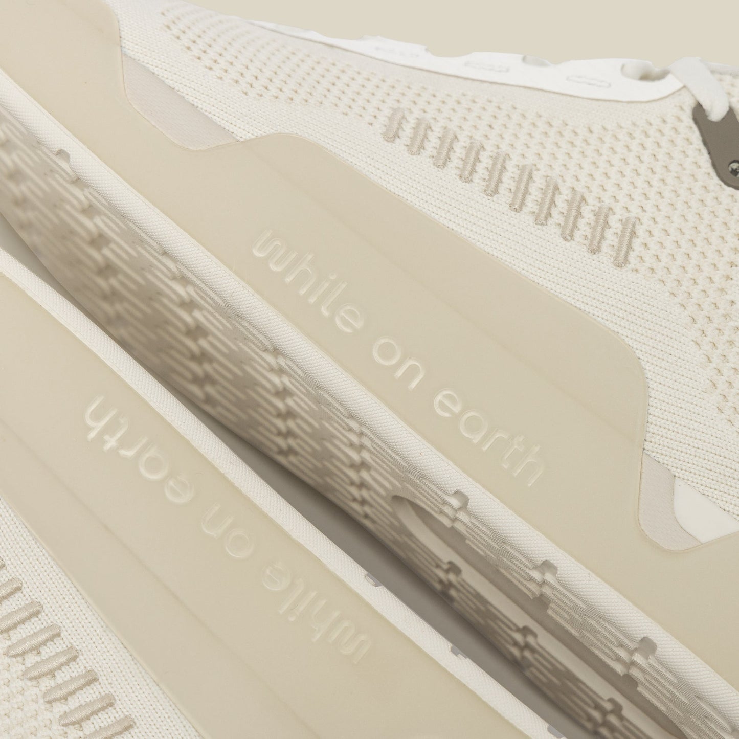 Close-up of a white sneaker with 'While on Earth' branding.